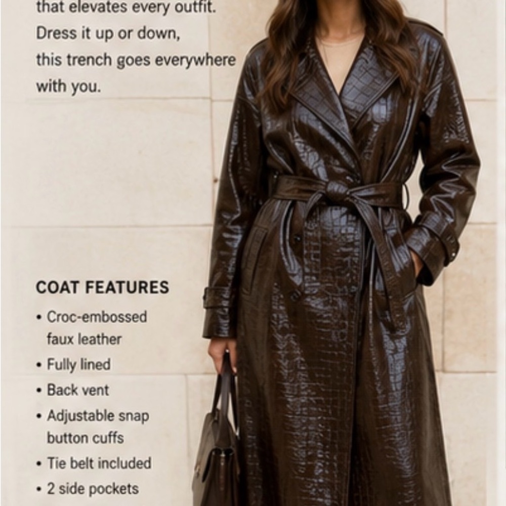 Womens Dark Brown Faux-Leather Long Trench Coat